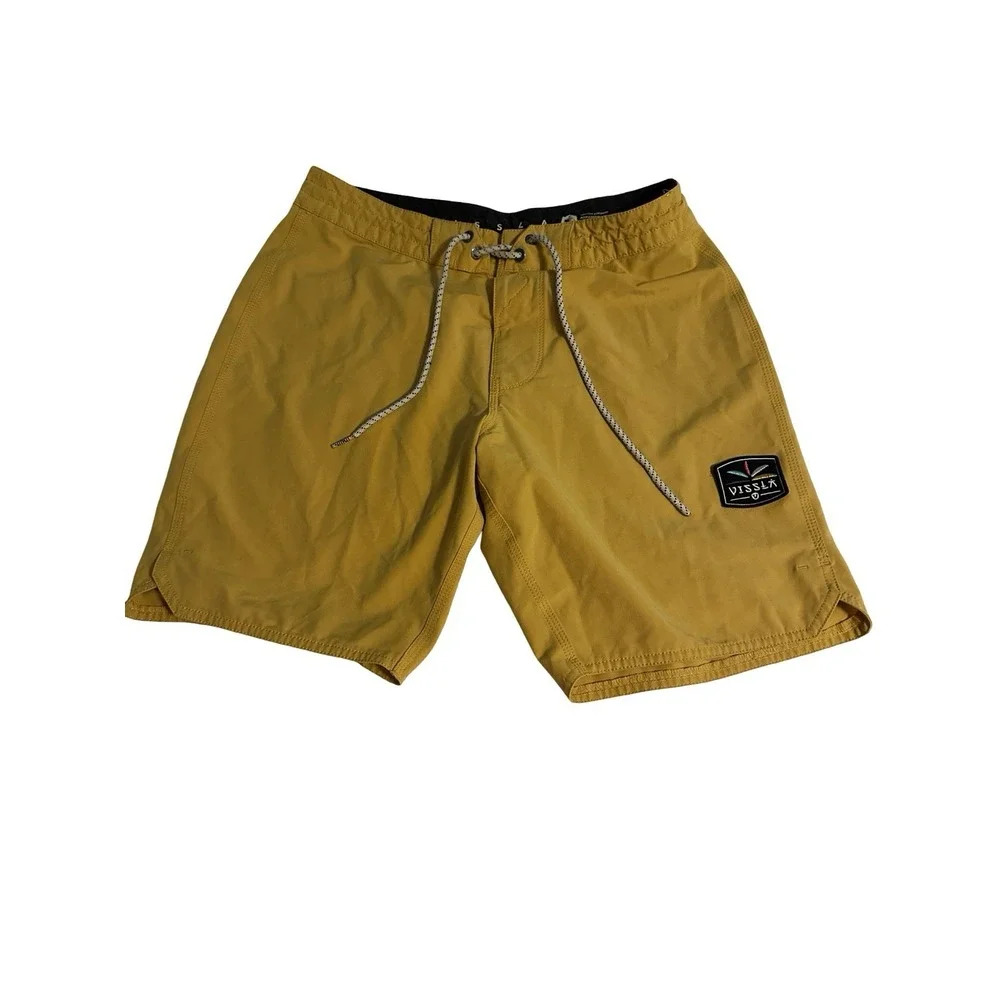 Vissla Board Shorts Men 28‎ Mustard Yellow Solid Swim Trunks Pocket Board Shorts